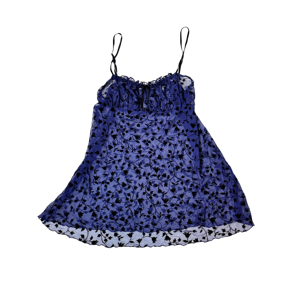 Vtg 90s Y2K Victorias Secret Blue Black Flocked Velvet Sheer Babydoll Chemise